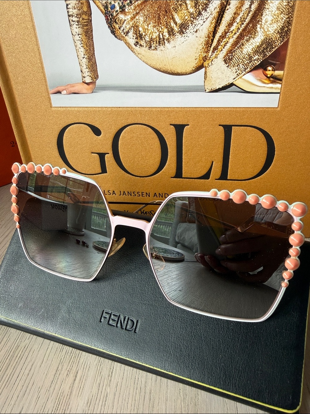 Fendi Oversized Square Sunglasses Coral Pearl Trim Gold Frame Resort Luxury